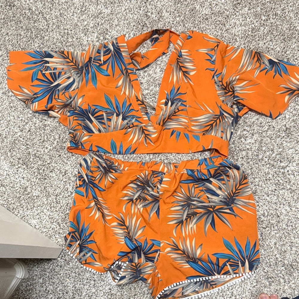 SHEIN Tropical Orange and Teal Crop Tie Top with Matching Shorts.